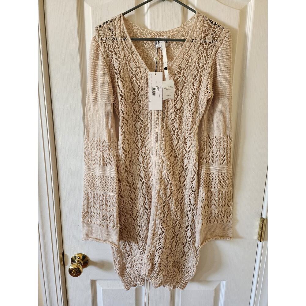 SNDYS Fate Mini Dress M NWT Beige Crochet Open Knit Revolve Boho Beach Coverup